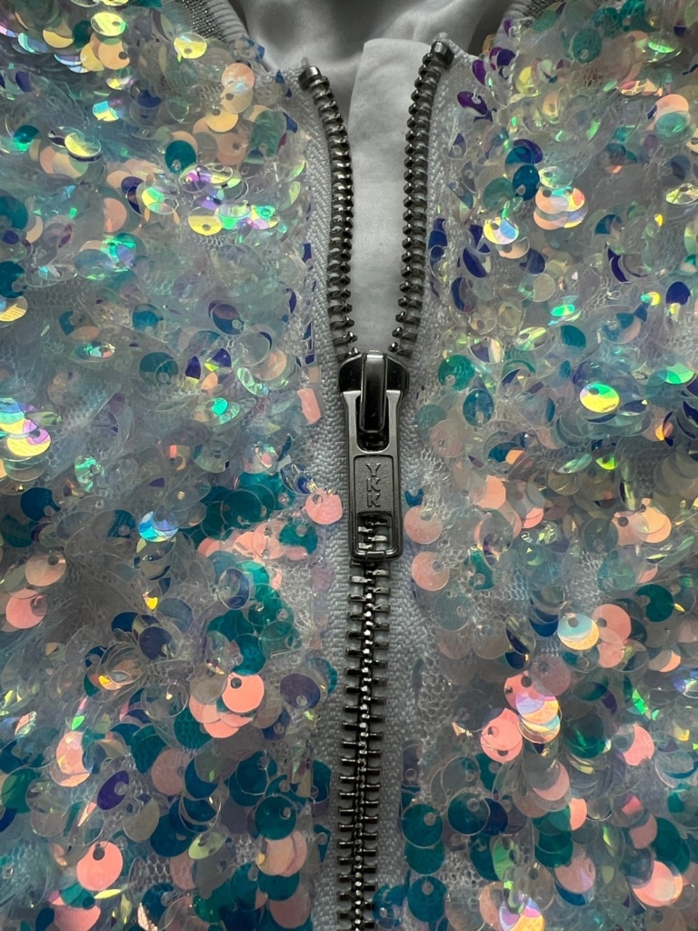 MIA New York White Holographic Iridescent Sequin Sparkle Bomber Jacket - Size L - Picture 3 of 11